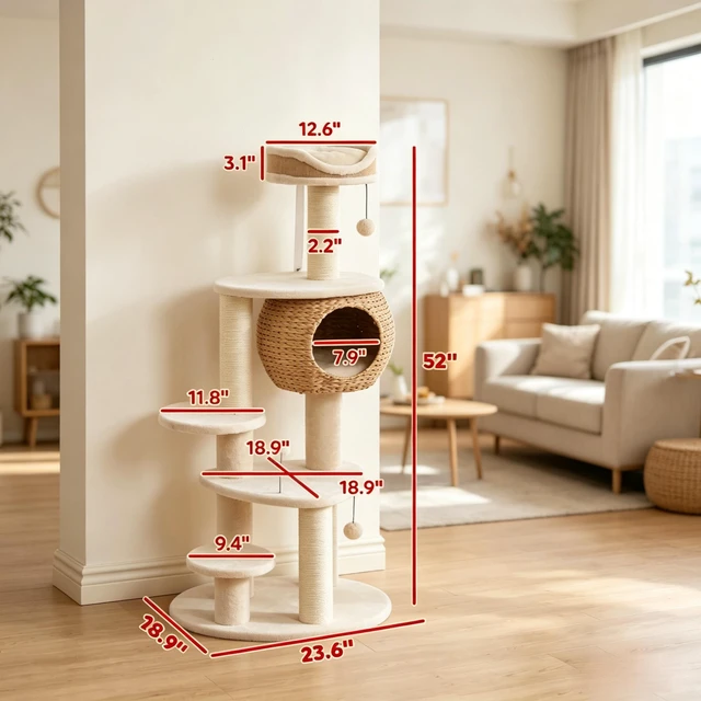 Alt view image 5 of 7 - 52 Inch Cat Tree Tower with Handwoven Cattail Condo, Bed Multiple Platforms Sisal Scratching Posts and Interactive Toy