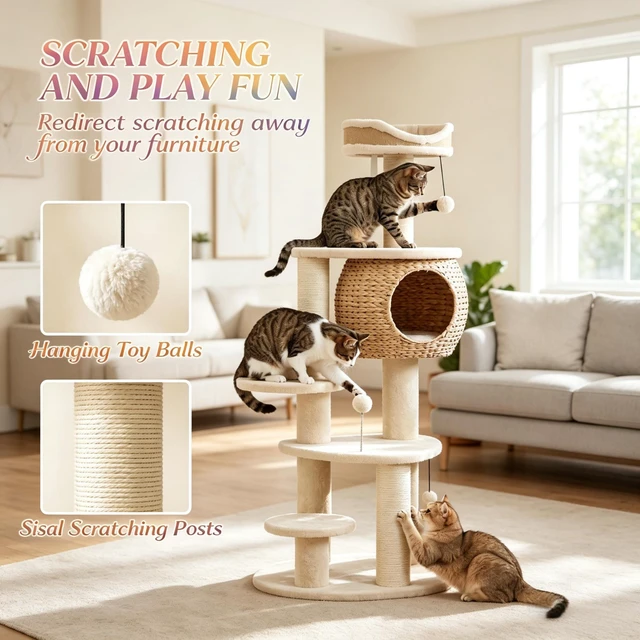 Alt view image 7 of 7 - 52 Inch Cat Tree Tower with Handwoven Cattail Condo, Bed Multiple Platforms Sisal Scratching Posts and Interactive Toy