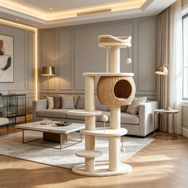 Alt view image 2 of 7 - 52 Inch Cat Tree Tower with Handwoven Cattail Condo, Bed Multiple Platforms Sisal Scratching Posts and Interactive Toy