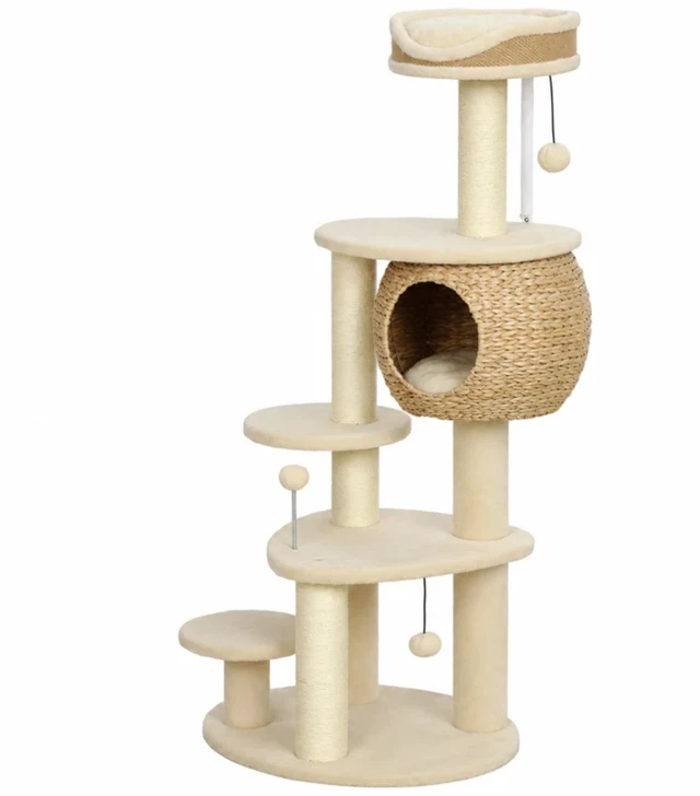 Alt view image 6 of 7 - 52 Inch Cat Tree Tower with Handwoven Cattail Condo, Bed Multiple Platforms Sisal Scratching Posts and Interactive Toy