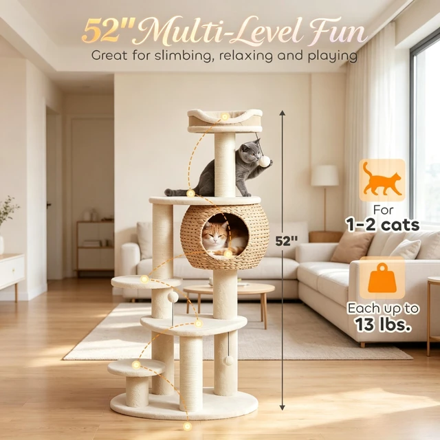 Alt view image 4 of 7 - 52 Inch Cat Tree Tower with Handwoven Cattail Condo, Bed Multiple Platforms Sisal Scratching Posts and Interactive Toy