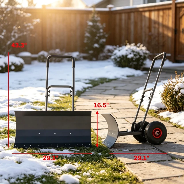 Alt view image 3 of 7 - 29×16.5 Inch Wheeled Snow Pusher, Angle Blade for Driveway Snow Clearing, Black, Metal and Steel, Removal Tools