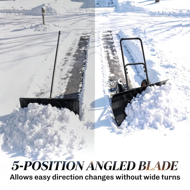 Alt view image 4 of 7 - 29×16.5 Inch Wheeled Snow Pusher, Angle Blade for Driveway Snow Clearing, Black, Metal and Steel, Removal Tools