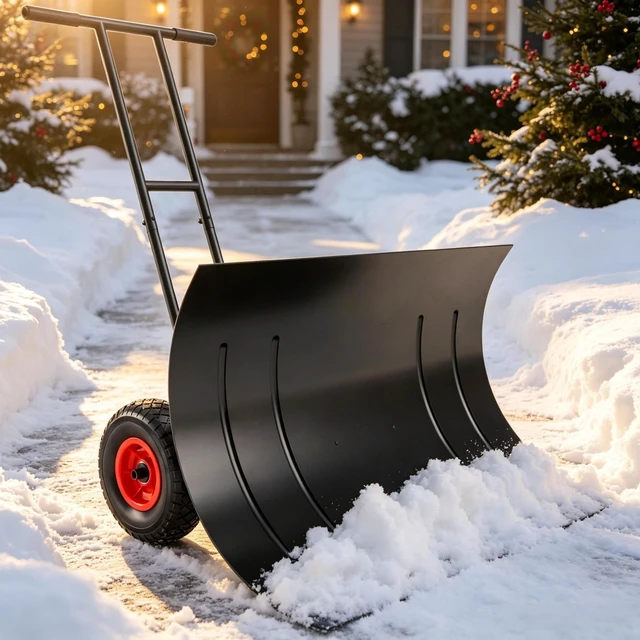 Main image of 29 Inch Wheeled Snow Pusher, Angle Blade with Wear Strip for Driveway Use, Black, Metal and Steel, Snow Removal Tools