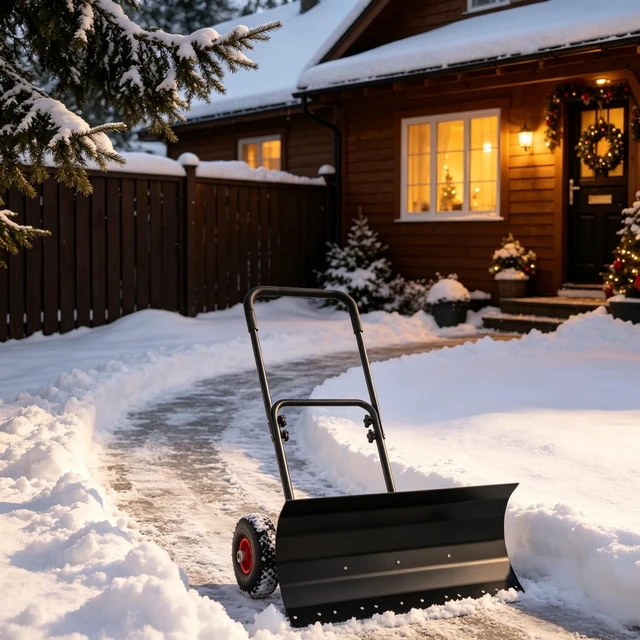 Alt view image 5 of 7 - 29×16.5 Inch Wheeled Snow Pusher, Angle Blade for Driveway Snow Clearing, Black, Metal and Steel, Removal Tools