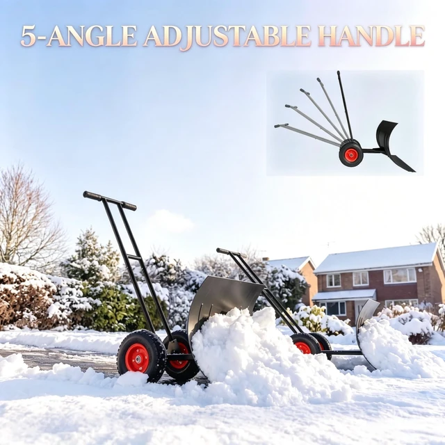 Alt view image 2 of 7 - 29 Inch Wheeled Snow Pusher, Angle Blade with Wear Strip for Driveway Use, Black, Metal and Steel, Snow Removal Tools