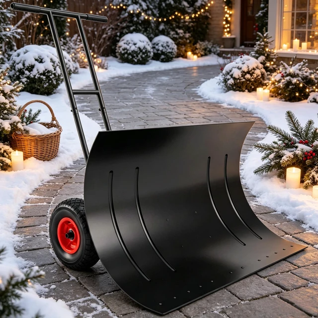 Alt view image 3 of 7 - 29 Inch Wheeled Snow Pusher, Angle Blade with Wear Strip for Driveway Use, Black, Metal and Steel, Snow Removal Tools