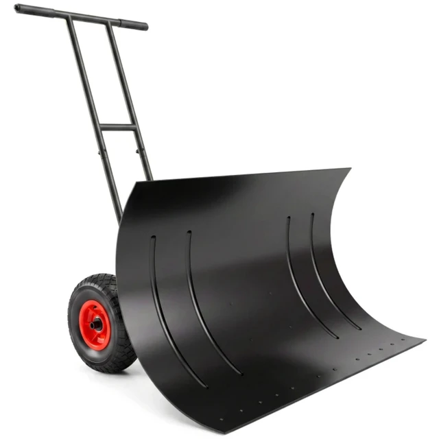 Alt view image 5 of 7 - 29 Inch Wheeled Snow Pusher, Angle Blade with Wear Strip for Driveway Use, Black, Metal and Steel, Snow Removal Tools