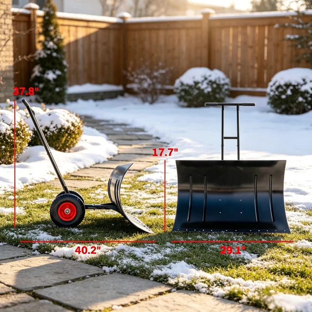 Alt view image 4 of 7 - 29 Inch Wheeled Snow Pusher, Angle Blade with Wear Strip for Driveway Use, Black, Metal and Steel, Snow Removal Tools