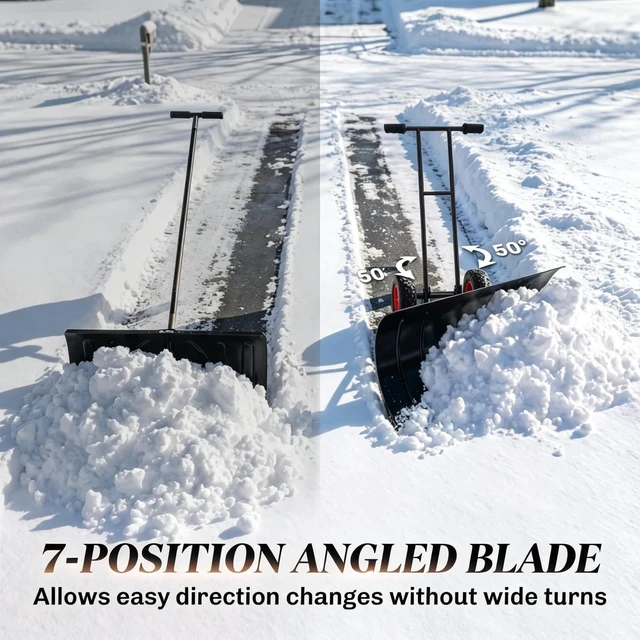Alt view image 7 of 7 - 29 Inch Wheeled Snow Pusher, Angle Blade with Wear Strip for Driveway Use, Black, Metal and Steel, Snow Removal Tools
