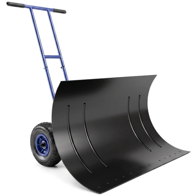 Alt view image 3 of 7 - 29 Inch Wheeled Snow Pusher, Angle Blade with Wear Strip for Driveway Use, Blue, Metal and Steel, Snow Removal Tools