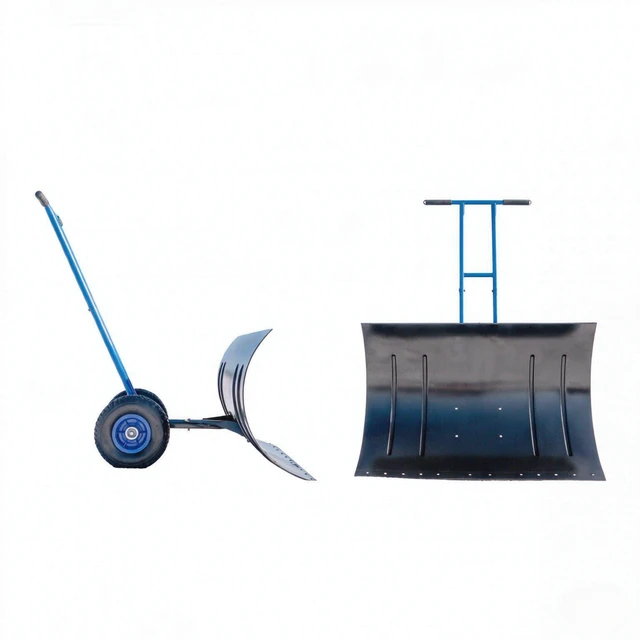 Alt view image 4 of 7 - 29 Inch Wheeled Snow Pusher, Angle Blade with Wear Strip for Driveway Use, Blue, Metal and Steel, Snow Removal Tools