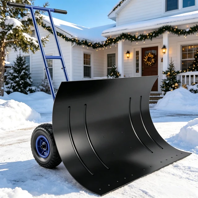 Alt view image 2 of 7 - 29 Inch Wheeled Snow Pusher, Angle Blade with Wear Strip for Driveway Use, Blue, Metal and Steel, Snow Removal Tools