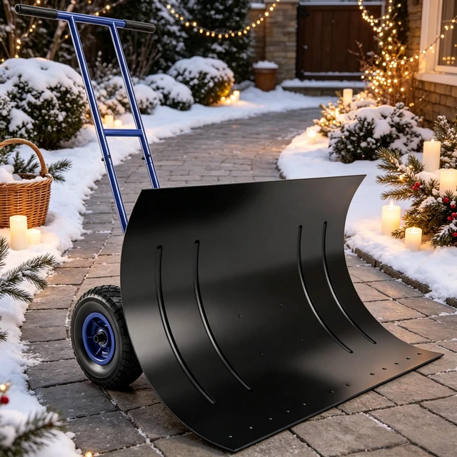 Alt view image 6 of 7 - 29 Inch Wheeled Snow Pusher, Angle Blade with Wear Strip for Driveway Use, Blue, Metal and Steel, Snow Removal Tools
