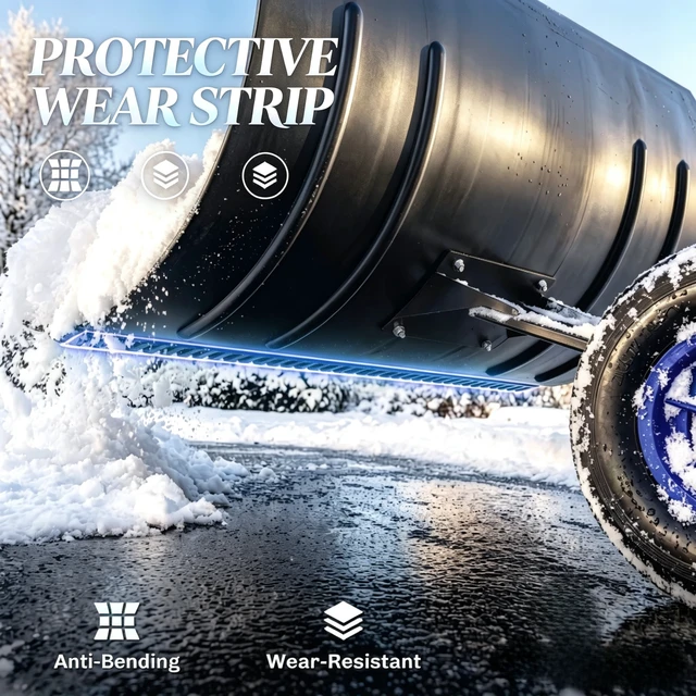 Alt view image 7 of 7 - 29 Inch Wheeled Snow Pusher, Angle Blade with Wear Strip for Driveway Use, Blue, Metal and Steel, Snow Removal Tools