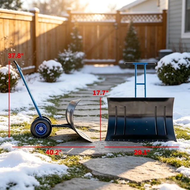 Alt view image 5 of 7 - 29 Inch Wheeled Snow Pusher, Angle Blade with Wear Strip for Driveway Use, Blue, Metal and Steel, Snow Removal Tools