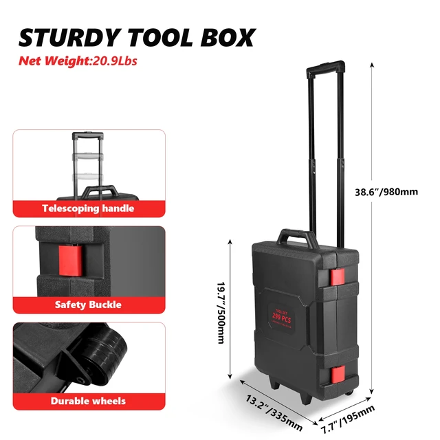 Alt view image 2 of 6 - 299 Piece Tool Kit with Rolling Tool Box Socket Wrench Hand Set Mechanic Case Trolley Portable, Black, Steel, Boxes