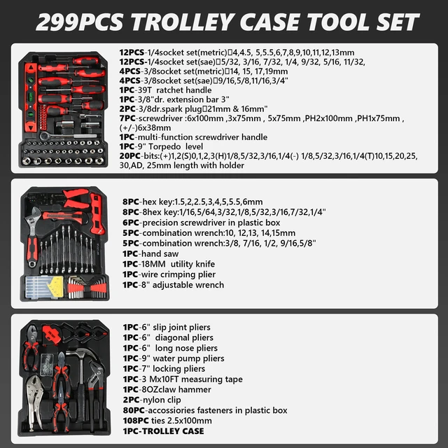Alt view image 3 of 6 - 299 Piece Tool Kit with Rolling Tool Box Socket Wrench Hand Set Mechanic Case Trolley Portable, Black, Steel, Boxes