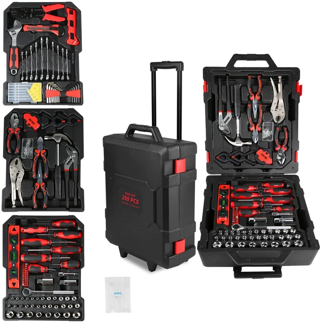 Main image of 299 Piece Tool Kit with Rolling Tool Box Socket Wrench Hand Set Mechanic Case Trolley Portable, Black, Steel, Boxes