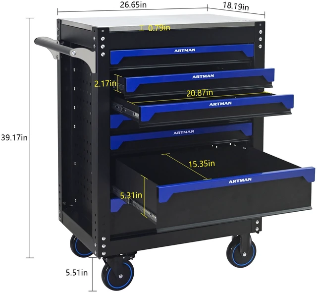 Alt view image 2 of 7 - 30 Inch 7 Drawer Iron Top Practical Rolling Steel Tool Cart, Handle and Wheels Storage Cabinet for Warehouses Repair