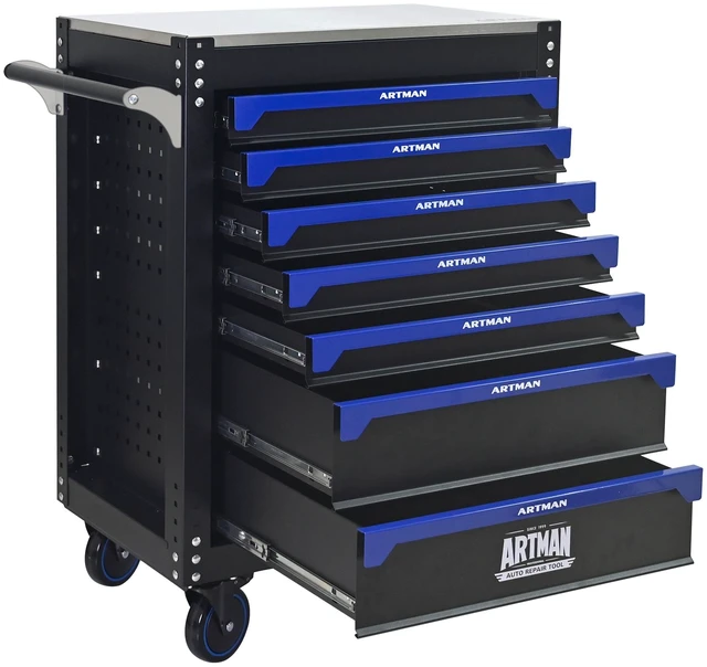 Alt view image 5 of 7 - 30 Inch 7 Drawer Iron Top Practical Rolling Steel Tool Cart, Handle and Wheels Storage Cabinet for Warehouses Repair