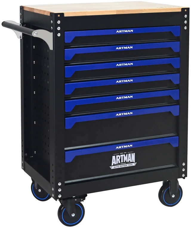 Alt view image 3 of 7 - 30 Inch 7 Drawer Wood Top Practical Rolling Steel Tool Cart, Handle and Wheels Storage Cabinet for Warehouses Repair