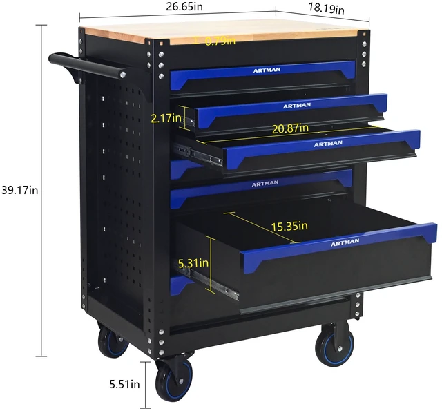 Alt view image 2 of 7 - 30 Inch 7 Drawer Wood Top Practical Rolling Steel Tool Cart, Handle and Wheels Storage Cabinet for Warehouses Repair