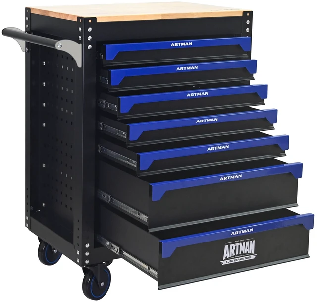 Alt view image 5 of 7 - 30 Inch 7 Drawer Wood Top Practical Rolling Steel Tool Cart, Handle and Wheels Storage Cabinet for Warehouses Repair