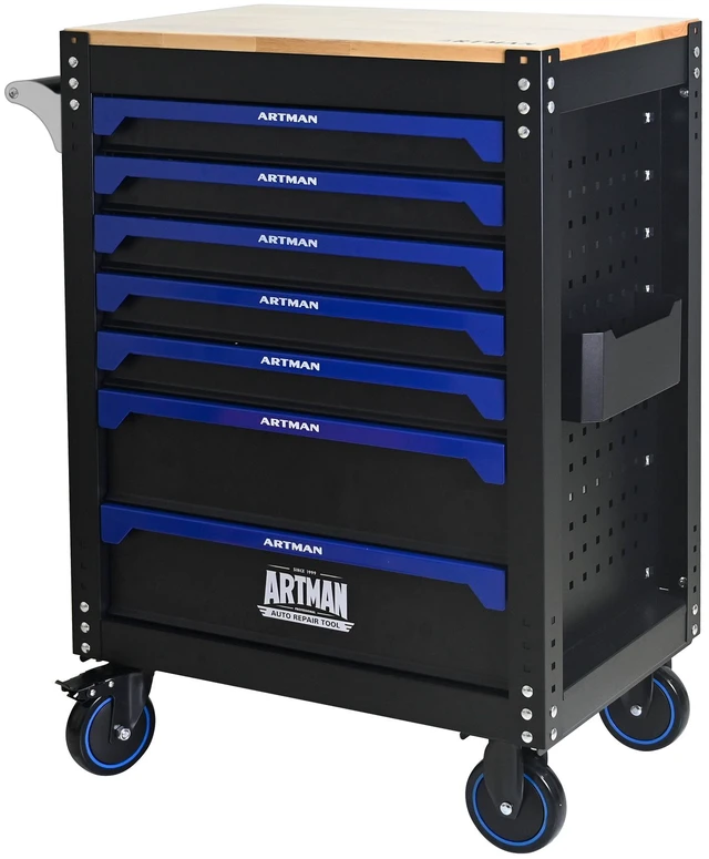 Alt view image 4 of 7 - 30 Inch 7 Drawer Wood Top Practical Rolling Steel Tool Cart, Handle and Wheels Storage Cabinet for Warehouses Repair