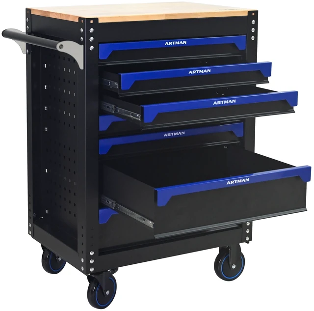 Alt view image 6 of 7 - 30 Inch 7 Drawer Wood Top Practical Rolling Steel Tool Cart, Handle and Wheels Storage Cabinet for Warehouses Repair