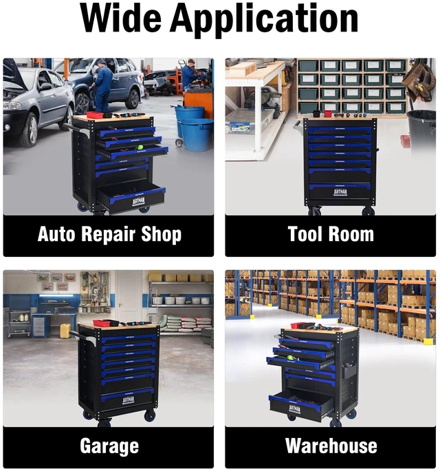 Alt view image 7 of 7 - 30 Inch 7 Drawer Wood Top Practical Rolling Steel Tool Cart, Handle and Wheels Storage Cabinet for Warehouses Repair