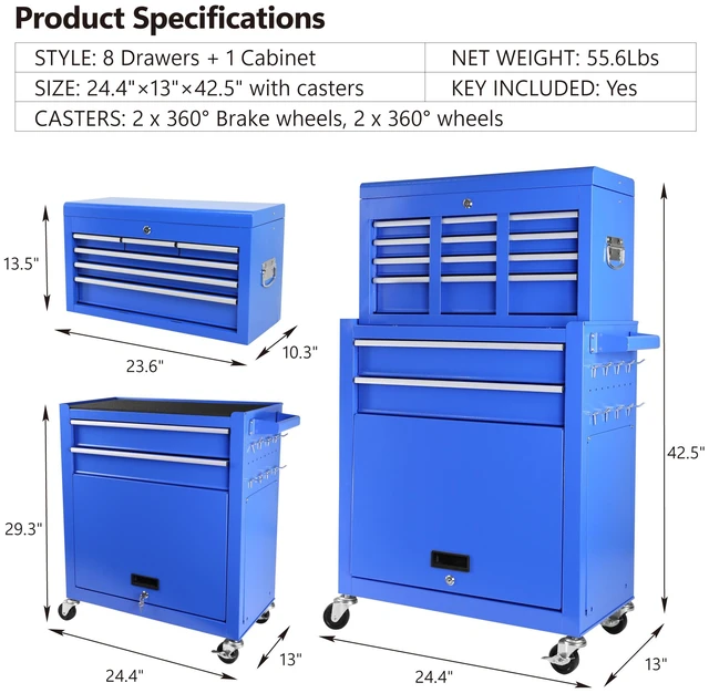 Alt view image 2 of 7 - Rolling Tool Chest with Wheels and 8 Drawers, Detachable Large Tool Cabinet with Lock for Locking Mechanic Cart