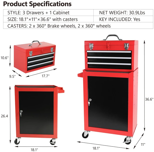 Alt view image 2 of 7 - 3 Drawer Rolling Tool Chest with Wheels, Tool Chest with Large Storage Cabinet and Adjustable Shelf Removable Portable