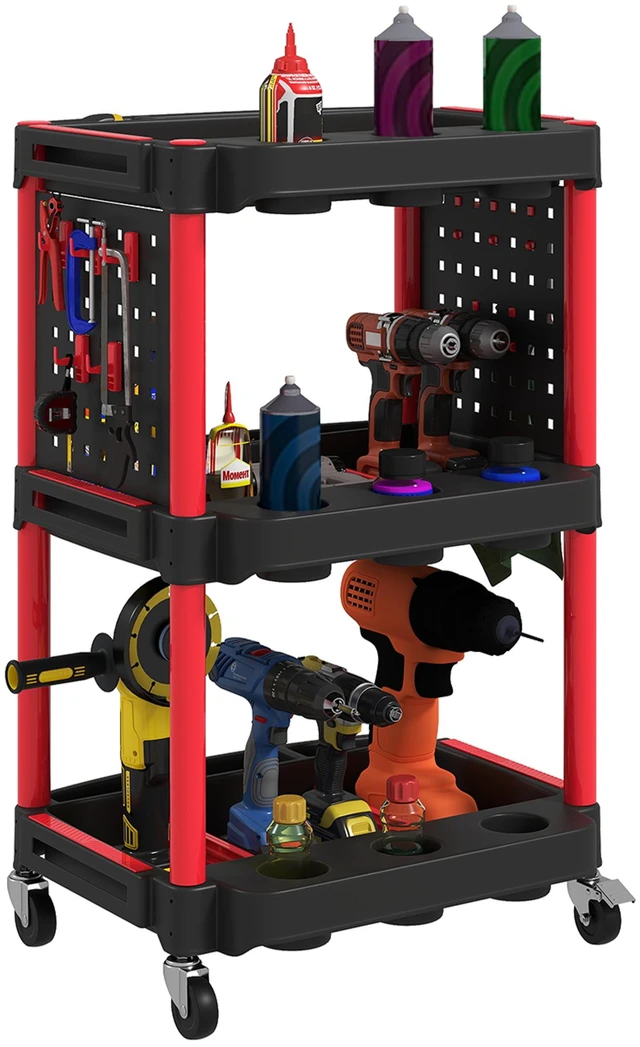 Main image of 3 Tier Rolling Tool Cart with Wheels, Capacity Plastic Utility Cart with Side Shelves Mobile Service Tool Organizer