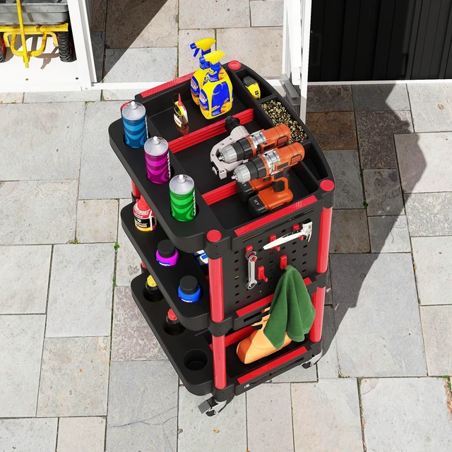 Alt view image 2 of 7 - 3 Tier Rolling Tool Cart with Wheels, Capacity Plastic Utility Cart with Side Shelves Mobile Service Tool Organizer