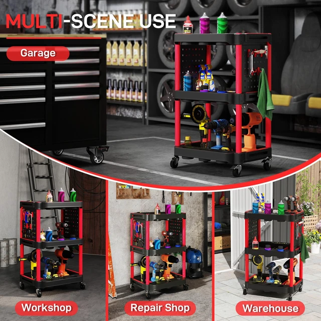 Alt view image 4 of 7 - 3 Tier Rolling Tool Cart with Wheels, Capacity Plastic Utility Cart with Side Shelves Mobile Service Tool Organizer