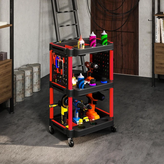 Alt view image 3 of 7 - 3 Tier Rolling Tool Cart with Wheels, Capacity Plastic Utility Cart with Side Shelves Mobile Service Tool Organizer