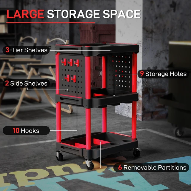 Alt view image 6 of 7 - 3 Tier Rolling Tool Cart with Wheels, Capacity Plastic Utility Cart with Side Shelves Mobile Service Tool Organizer