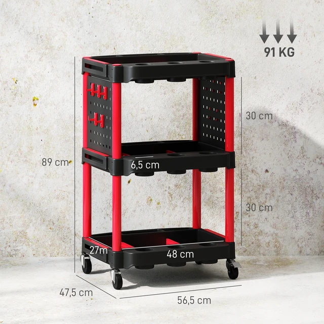 Alt view image 7 of 7 - 3 Tier Rolling Tool Cart with Wheels, Capacity Plastic Utility Cart with Side Shelves Mobile Service Tool Organizer
