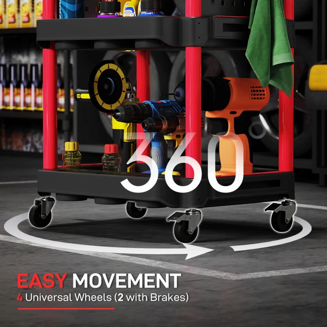 Alt view image 5 of 7 - 3 Tier Rolling Tool Cart with Wheels, Capacity Plastic Utility Cart with Side Shelves Mobile Service Tool Organizer