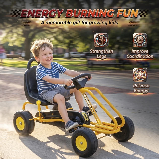 Alt view image 3 of 7 - Kart for Kids, 4 Wheel Pedal Cart with Steering Wheels Adjustable Seat Safety Hand Brake Outdoor Racer Ride Car