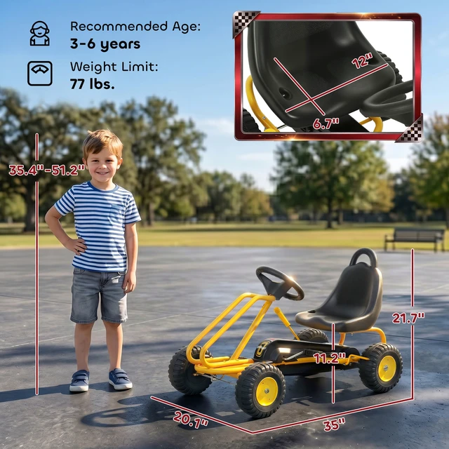 Alt view image 7 of 7 - Kart for Kids, 4 Wheel Pedal Cart with Steering Wheels Adjustable Seat Safety Hand Brake Outdoor Racer Ride Car