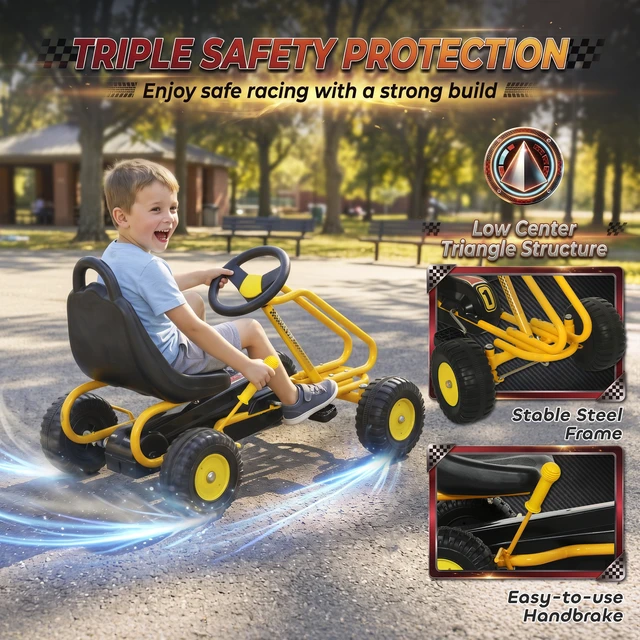 Alt view image 4 of 7 - Kart for Kids, 4 Wheel Pedal Cart with Steering Wheels Adjustable Seat Safety Hand Brake Outdoor Racer Ride Car