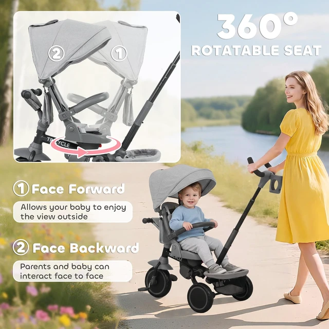Alt view image 4 of 7 - Kids Tricycle, 6 in Foldable Baby Trike with Adjustable Push Handle Tricycle Stroller with Removable Canopy Reversible