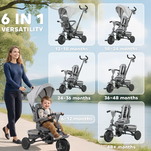 Alt view image 5 of 7 - Kids Tricycle, 6 in Foldable Baby Trike with Adjustable Push Handle Tricycle Stroller with Removable Canopy Reversible