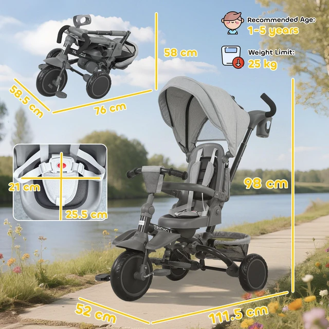 Alt view image 6 of 7 - Kids Tricycle, 6 in Foldable Baby Trike with Adjustable Push Handle Tricycle Stroller with Removable Canopy Reversible
