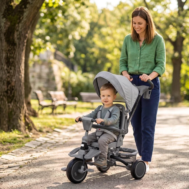 Alt view image 7 of 7 - Kids Tricycle, 6 in Foldable Baby Trike with Adjustable Push Handle Tricycle Stroller with Removable Canopy Reversible