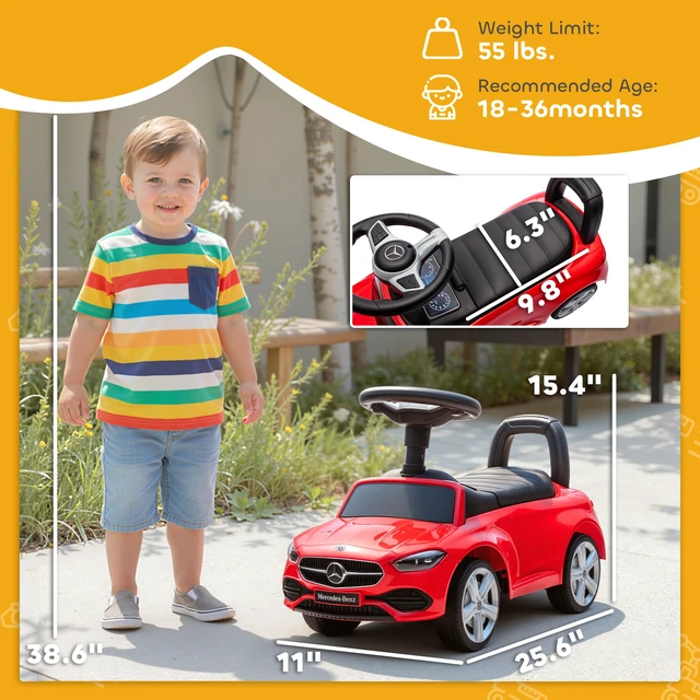 Alt view image 7 of 7 - Mercedes Benz Class Licensed Kids Ride Car, Foot To-Floor Toy with Anti Tip Design Horn and Start Sound Under Seat