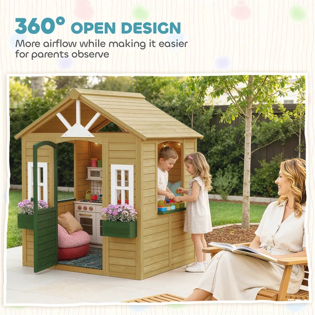 Alt view image 3 of 7 - Outdoor Playhouse, Wooden Kids Playhouse with Working Door Windows and Flower Boxes Kids Cottage for Garden Indoor