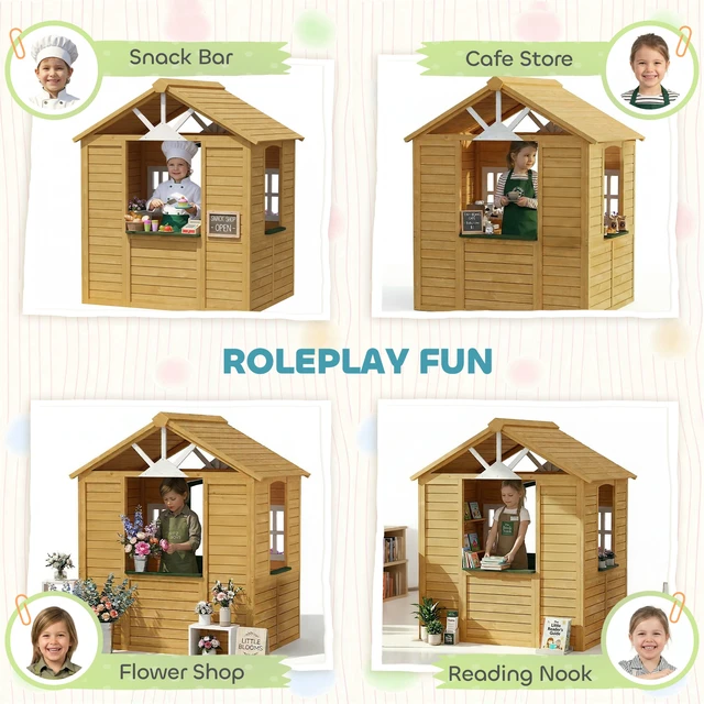 Alt view image 4 of 7 - Outdoor Playhouse, Wooden Kids Playhouse with Working Door Windows and Flower Boxes Kids Cottage for Garden Indoor